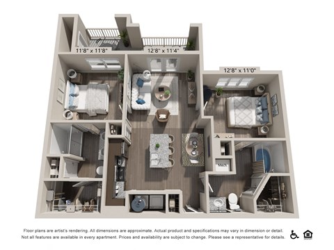 Floor plan for 2 beds, 2 baths, 966 sqft